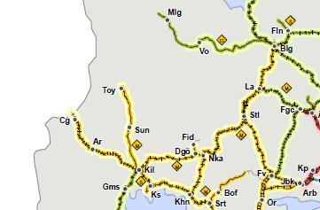 Figur 3. Utdrag från Trafikledningsområdeskarta över sträckan Borlänge (Blg) Grums (Gms). Källa: Trafikverkets hemsida. 2015 Trafikverket och Lantmäteriet, Geodatasamverkan.
