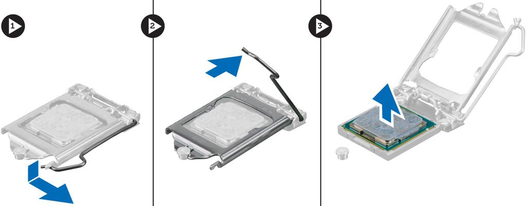 4. Följ anvisningarna i När du har arbetat inuti datorn. Ta bort processorn 1. Följ anvisningarna i Innan du arbetar inuti datorn. 2.