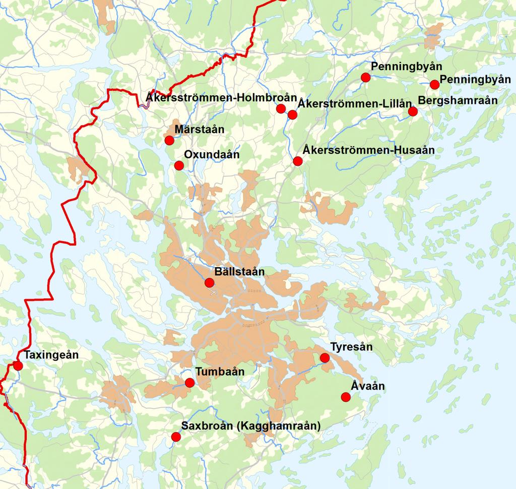 Figur 3. Lokaler för kiselalgsprovtagning i vattendrag i Stockholms län 2017 (karta från Länsstyrelsen i Stockholm). Penningbyån, uppströms Länna Kyrksjö vid V Ledinge utgick pga. uttorkning. Figur 4.