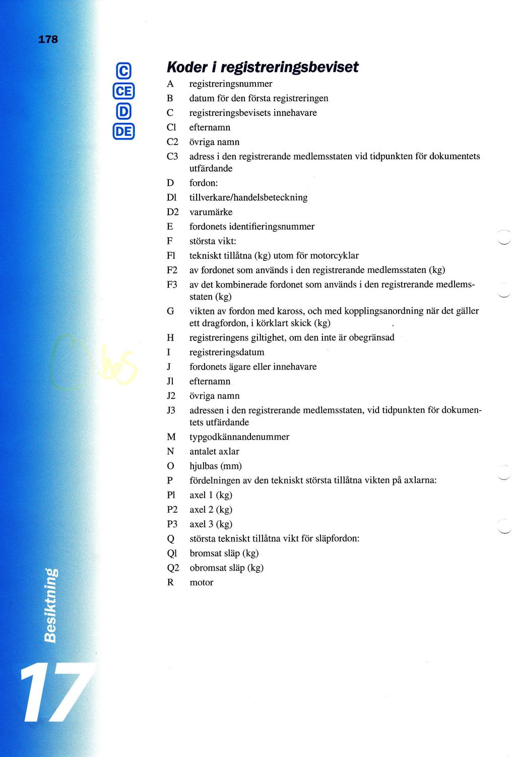 o Koder i registreringsbevrbet A B C C1 C2 C3 D D1 D2 E F FI F2 F3 G H I J J1 J2 J3 registreringsnummer datum fijr den forsta registreringen registreringsbevisets innehavare efternamn civriga namn