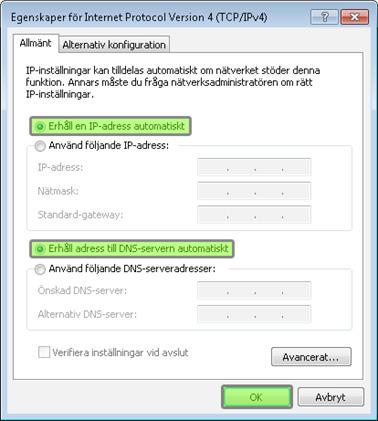 Välj Erhåll en IP-adress automatiskt (Obtain