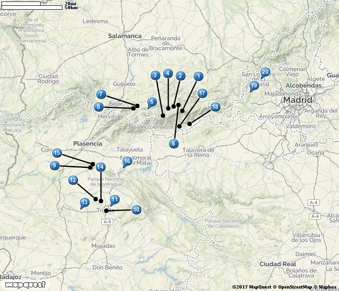 Centrala Spanien 1. Puerto del Pico 2. Parador de Gredos Hotel 3. La Plataforma 4. Rio Tormes 5. Tormes Valley 6. San Martin del Pimpollar 7. El Barco de Ávila 8. Old Bridge 9.