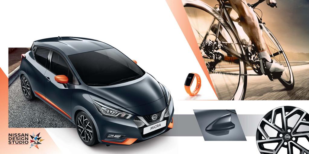 ARTISTEN Slå ihop MICRA Gen 5:s Gunmetal Grey-kaross med exteriörpaketet Energy Orange, som passar perfekt till ditt aktivitetsarmband från Nissan.