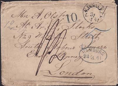 4 HAMBOURG. 18 AVR. 1807. Ovanligt adressland. (A) 1 54 Obetalt brevkuvert från Kungelf 22.4.1861 sänt via Hamburg 24/4 till London 26/4.