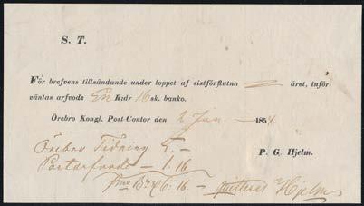 61 62 61 Postalt kvitto från Örebro Kongliga Postkontor daterat 2 juni 1854.
