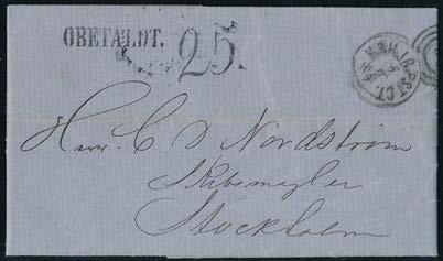 000 kr (A) 600 73 25 Lösenstämpel (slagen i Stockholm) på obetalt brev med innehåll från Köpenhamn 5.6.1866 till Stockholm.