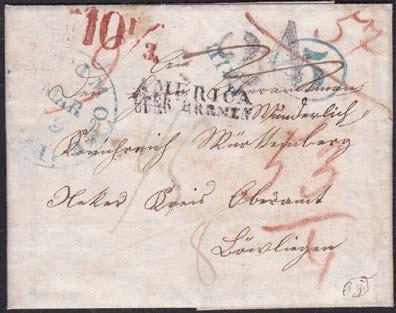 126 Bremen 1849, AMERICA ÛBER BREMEN, L2 svart stämpel på delbetalt brev med