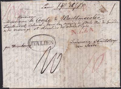 146 Italien 1843, Brev med innehåll daterat Nizza RÖD rakstämpel 31.1.1843 med