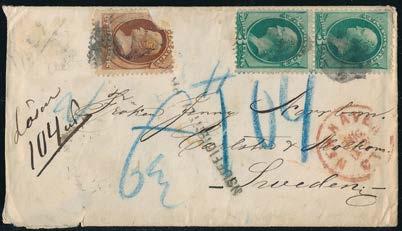 166 USA:s kust 1859, Delbetalt brevkuvert från okänd avsändarort längs USA:s kust. Portot betalt till England med Panama/JU 8 1859/Transit på framsidan, transit St.
