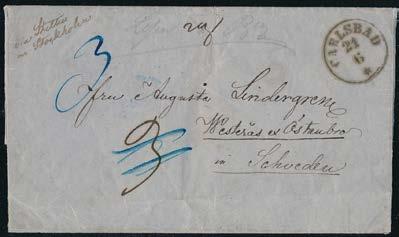 (C) 700 168 USA 1856, Vackert litet ladies cover med relief tryck på framsidan, från Boston 9.12.1856 till Arvika via Hamburg och Helsingborg 25/12.