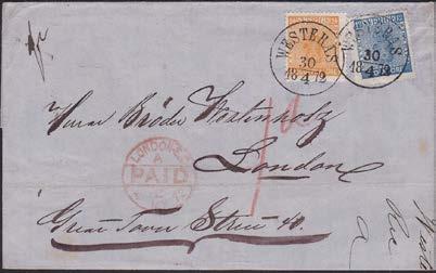 Sänt transit PKXP Nr 2, 2.5.1872 via Danmark. Röd notering 1d på framsidan, detta för Englands del av portot.