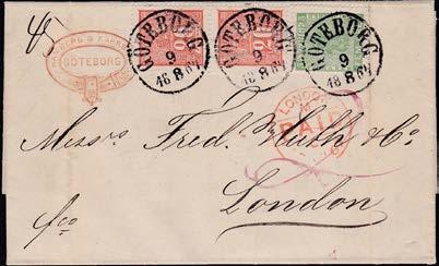 1867 till London med innehåll från firman Hamberg & Kärrberg. Frankerad med 2x 20 öre Liggande lejon (F.