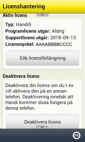 9.2 Deaktivera licensen Här krävs internetanslutning. Gå till Handi Inställningar System Licenshantering och tryck på knappen Deaktivera licens. Bekräfta att licensen ska deaktiveras.