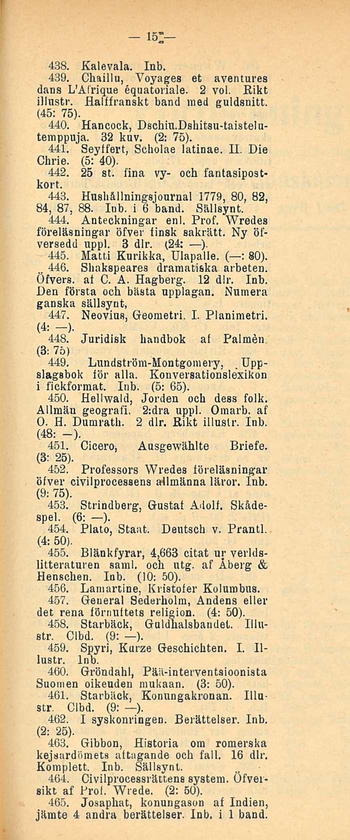 . 446. 15 438. Kalevala. 439. Chaillu, Yoyages et aventures dans L Afrique equatoriale. 2 voi. Rikt illustr. fialffranskt band med guldsnitt. (45: 75). 440. Hancock, Dschiu.Dshitsu-taistelutemppuja.