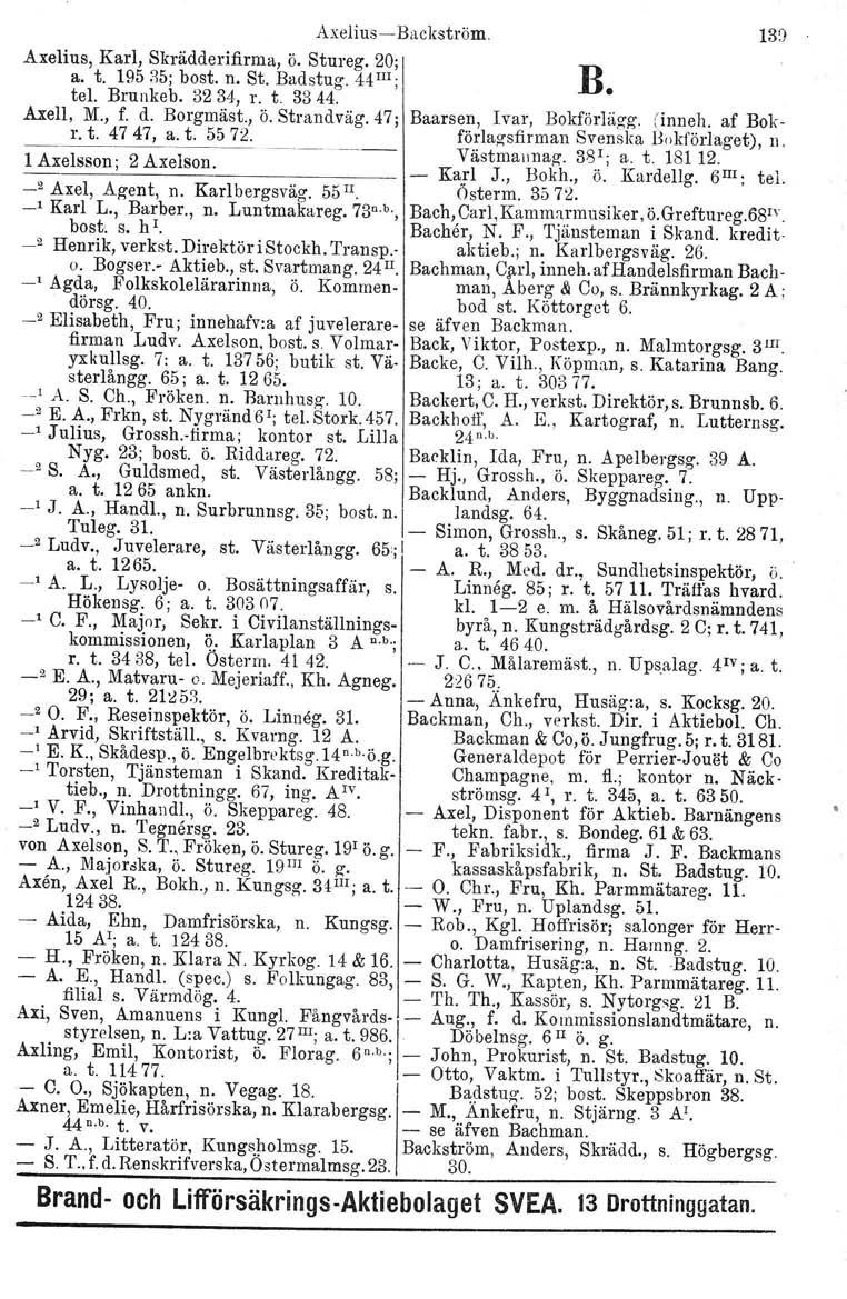 Axelius-c-Backström. 139 Axelius, Karl, Skrädderifirma, ö. Stureg. 20; B a. t. 195 il5; bost. n. St. Badstug. 44 III; tel. Brunkeb, 3234, r. t. 3344. Axell, M., f. d. Borgmäst., ö. Strandväg.