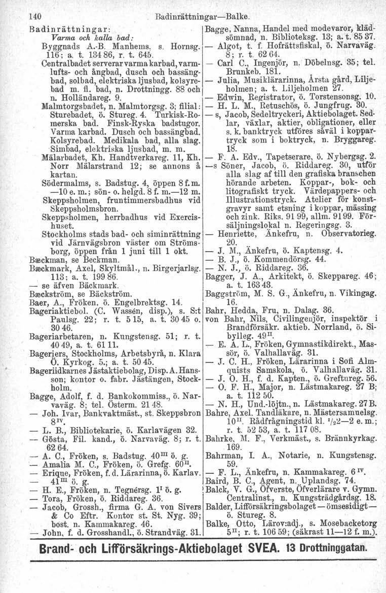 140 Badinrättningar-Balke. Badinrättningar: IBagge, Nanna, Handel med modevaror, kläd- Varma och kalla bad: sömnad, n. Biblioteksg. 13; a. t. 8537. Byggnads A.-B. Manhems. s. Hornsg. - AIgot, t. f.