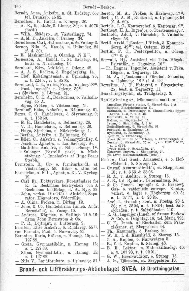 160 Berndt-Beskow. Berndt, Anna, Änkefru, n. St. Badstug. 60; Bersen, M. A., Fröken, ö. Karlaväg.. 171I tel. Brunkeb. 1582. Bertel, C. A. M., Kontorist, n. Uplandsg. 54 Berndtson, F., Handl. n. Knngsg.