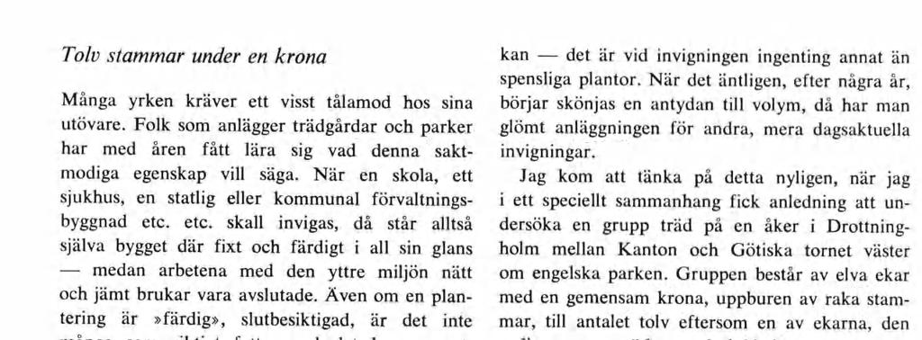 Tolv stammar under en krona Många yrken kräver ett visst tålamod hos sina utövare. Folk som anlägger trädgårdar och parker har med åren fått lära sig vad denna sakt modiga egenskap vill säga.