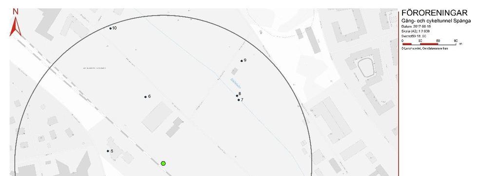 Figur 4 Misstänkt och konstaterat förorenade områden inom influensområdet. Tabell 3 Misstänkt och konstaterat förorenade områden inom influensområdet.