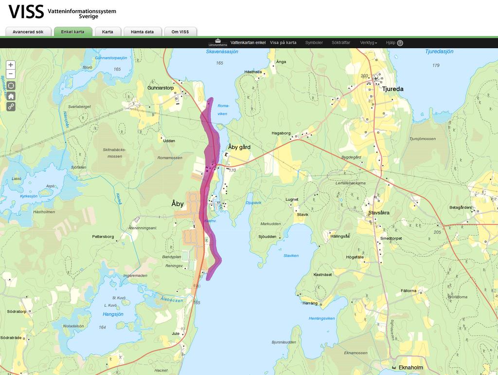 Figur 1. Åby med grundvattenförekomstens gränser markerade, skärmdump som visar hur sådan karta ser ut i VISS (VISS 2017a).