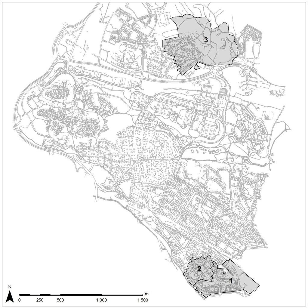 Figur 1. Valda avrinningsområden i Sundbyberg. Område 1 och 2 ligger i Lilla Alby och område 3 i Ursvik. 3.1.2 Ledningar och brunnar Utgångspunkten för modellen var de ledningar som i dataunderlaget benämndes huvudledning samt alla brunnar relaterade till dagvatten.