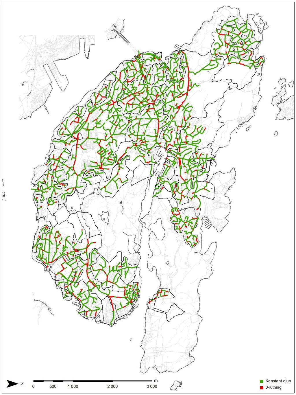 5.4 UTVÄRDERING AV LIDINGÖMODELLEN 5.4.1 Ledningarnas nivåer Det ansatta djupet på brunnarnas bottennivå från A200- och dikesrutinerna påverkade ledningarna enligt figur 22.