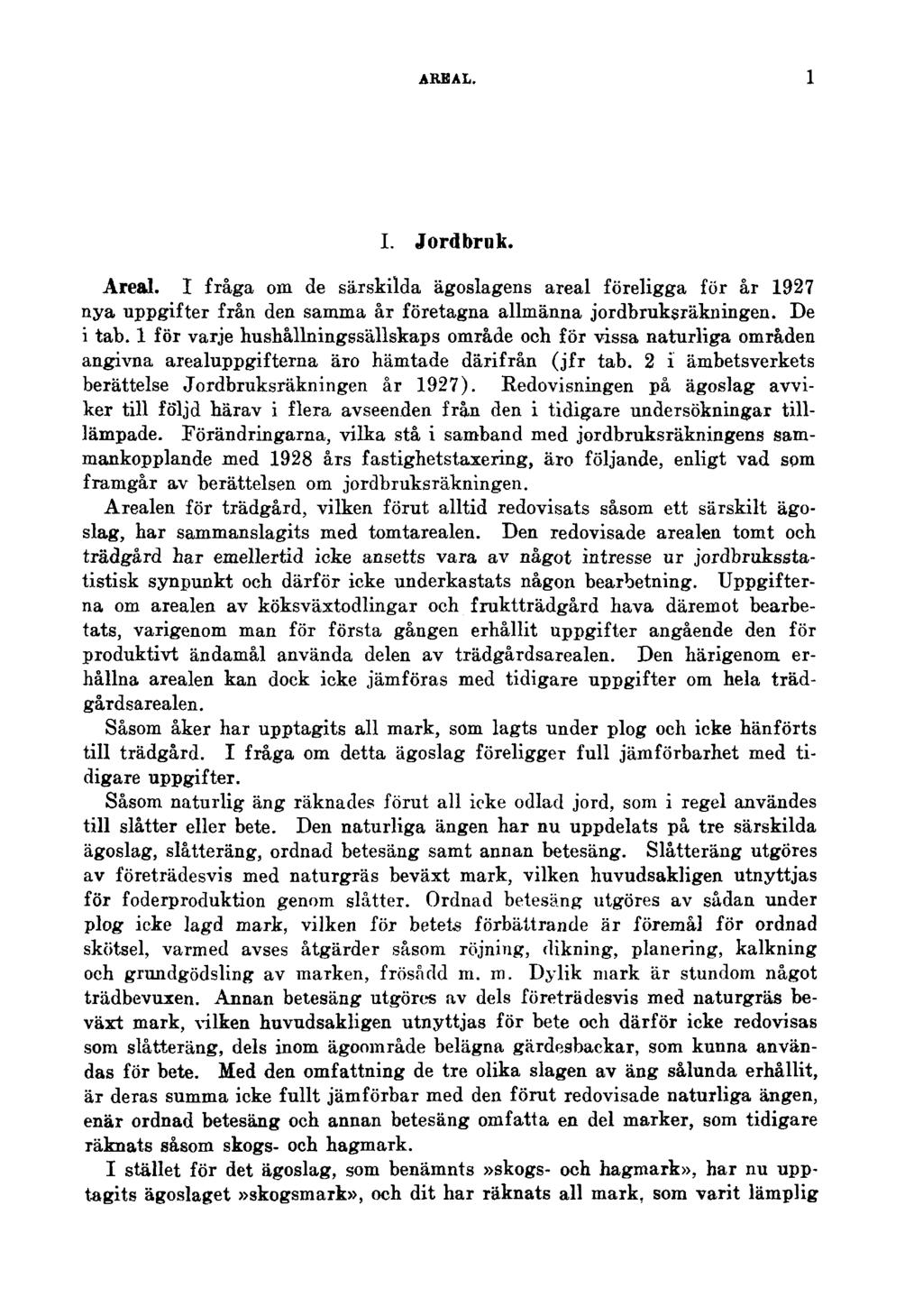 AREAL. 1 I. Jordbruk. Areal. I fråga om de särskilda ägoslagens areal föreligga för år 1927 nya uppgifter från den samma år företagna allmänna jordbruksräkningen. De i tab.