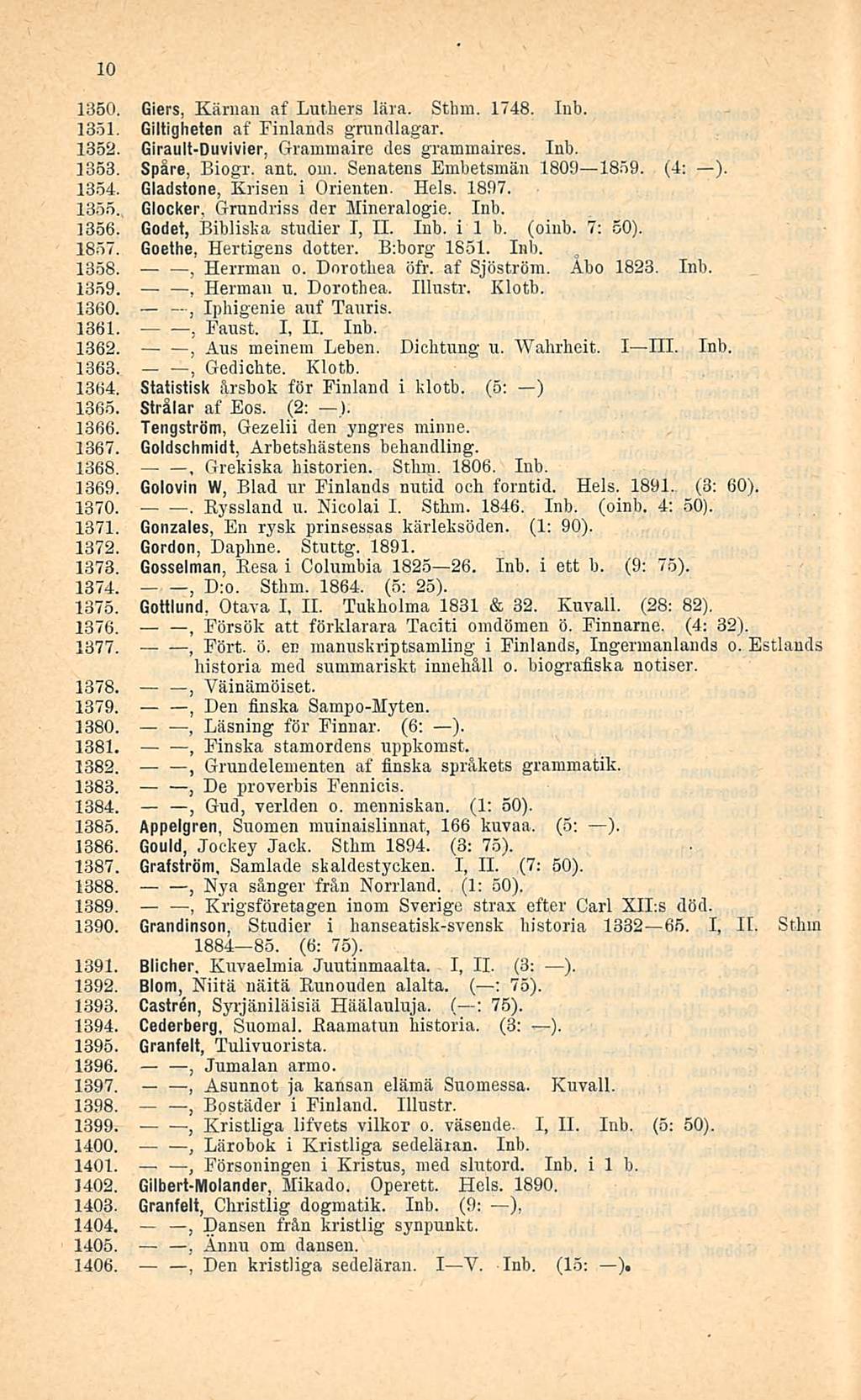 Finska 10 1350. Giers Kärnan af Luthers lära. Stbm. 1748. Inb. 1351. Giltigheten af Finlands grundlagar. 1352. Girault-Duvivier Grammaire des grammaires. Inb. 1353. Spåre Biogr. ant. oin.