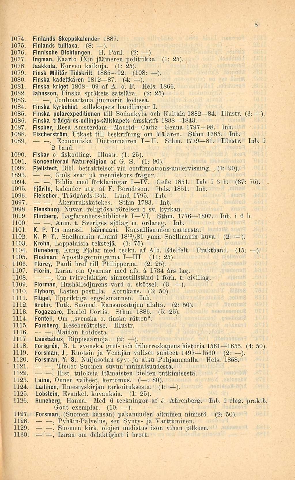 (1: 1074. Finlands Skeppskalender 1887. 1075. Finlands tulltaxa. (8: ). 1076. Finnische Dichtungen. H. Paul. (2: ). 1077. Ingman Kaarlo IX:n jäämeren politiikka. (1: 25). 1078.