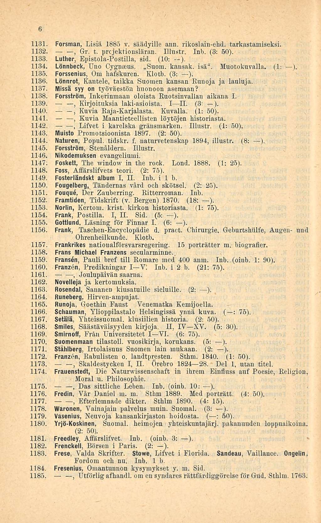 6 1131. Forsman Lisiä 1885 v. säädyille ann. rikoslain-ehd. tarkastamiseksi. 1132. Gr. t. prcjektiousläran. Illustr. Inb. (3: 50). 1133. Luther Epistola-Postilla sid. (10: ). 1134.