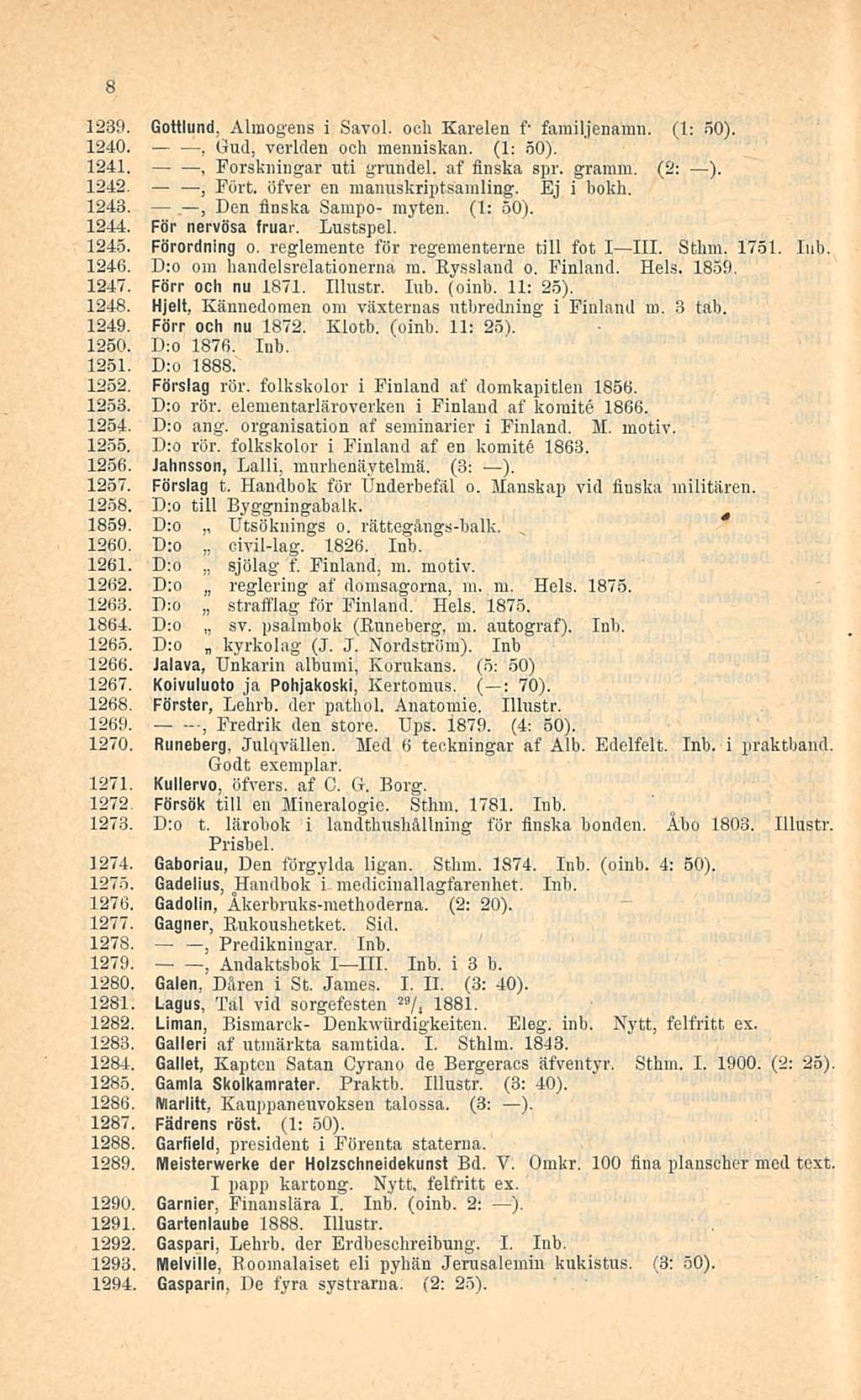 Forskningar sjölag 8 1239. Gottlund. Alraogens i Savol. ooh Karelen f- famil.jenamn. (1: 50). 1240.. Gud vcrlden ooh menniskan. (1: 50). 1241. uti grundel af flnska spr. grarnm. (2: ). 1242. Fort.