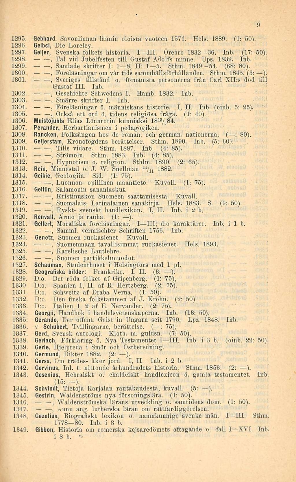 Tai Samlade 1295. Gebhard Savonlinnan läänin oloista vuoteen 1571. Hels. 1889. (1: 50). 1296. Geibel Die Loreley. 1297. Geijer Svenska folkets historia. I III. Örebro 1832 36. Inb. (17: 50). 1298.