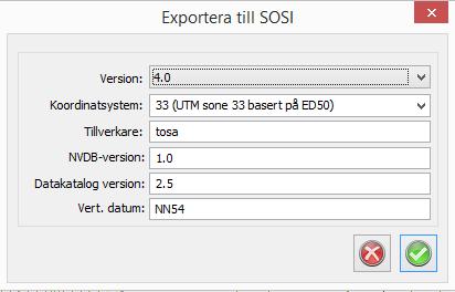 11.1 Export till SOSI I Topocad finns en export till SOSI. Markera objekt, gå till Export välj filformatet SOSI. Olika versioner kan väljas, vi använder 4.0 för detta.