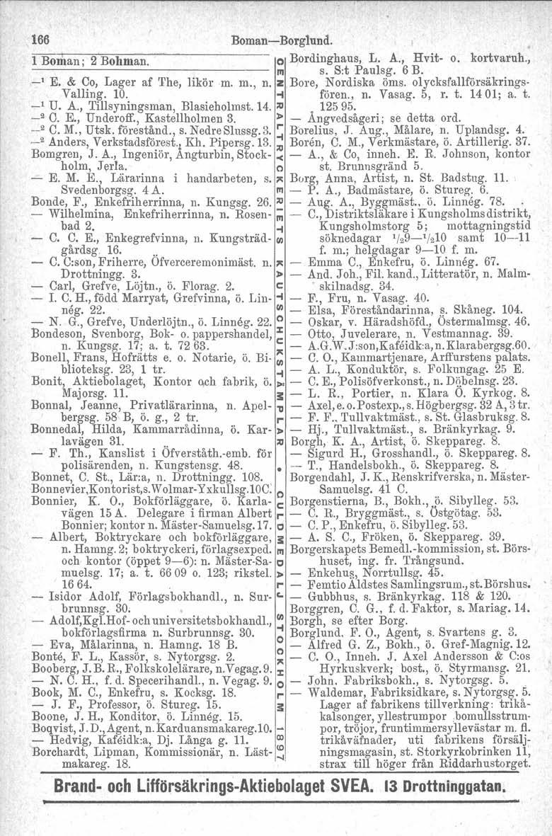 166 1 Bo:rhan; 2 Bohman. Boman-Borglund. o Bordinghaus, L. A., Hvit- o. kortvaruh., III s. S:t Paulsg. 6 B. _1 E. & Co, Lager af 'Phe, likör m. m., n. z Bore, Nordiska öms.