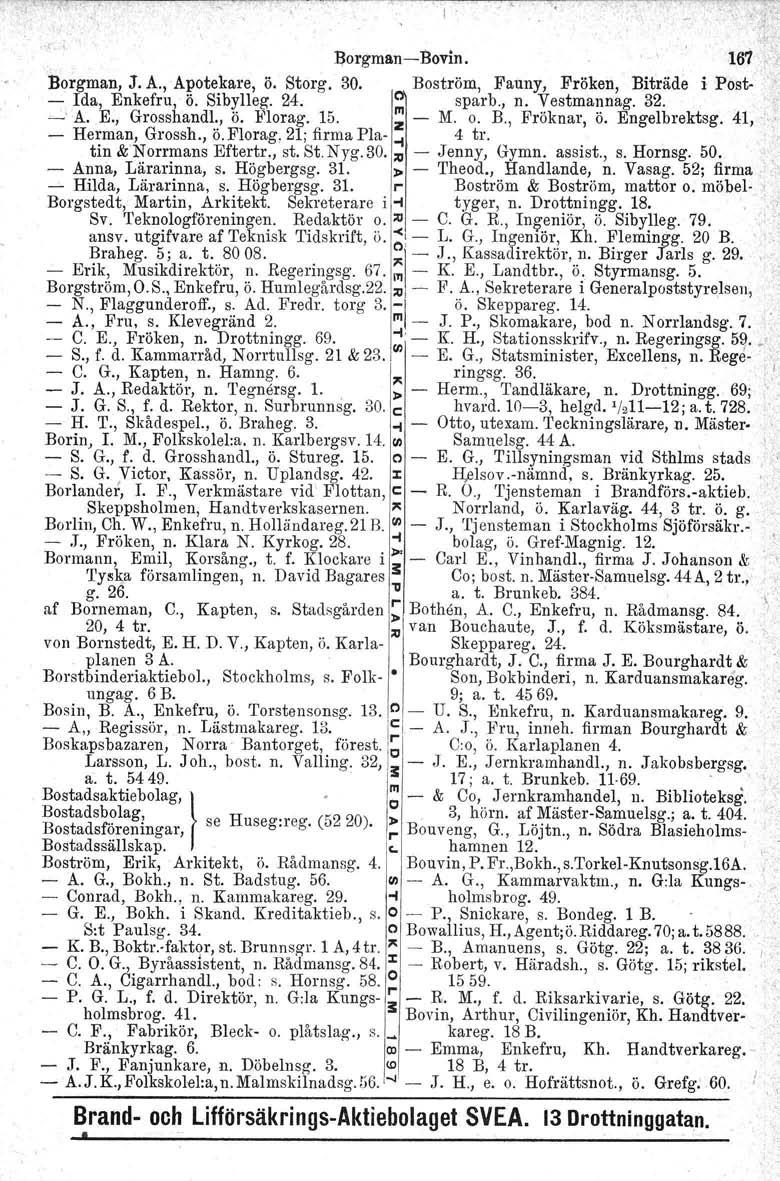 I'. Borgrnan-s Bovin. 167, Borgman, J. A., Apotekare, ö. Storg. 30. Boström, Fauny, Fröken, Biträde i Post- - Ida, Enkefru, 0. Sibylleg. 24. O) sparb., n. Vestmannag. 32. -' A. E., Grosshandl:! ö. Florag.