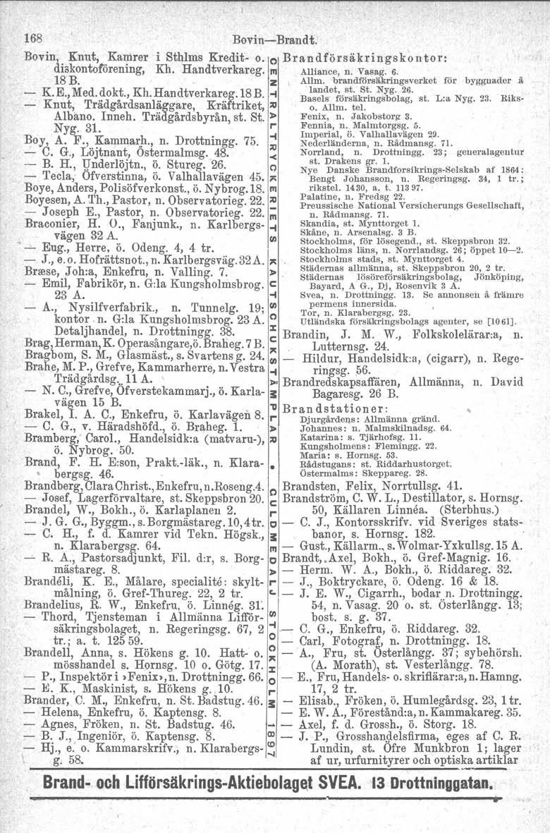 168 Bovin-Brandt. Bovin, Knut, Kamrer i Sthlms Kredit- o. e Brandförsäkringskontor: diakontoförening, Kh. Handtverkareg. 1'1 Alliance, n. Vasag. 6. 18 B. Z Allm.