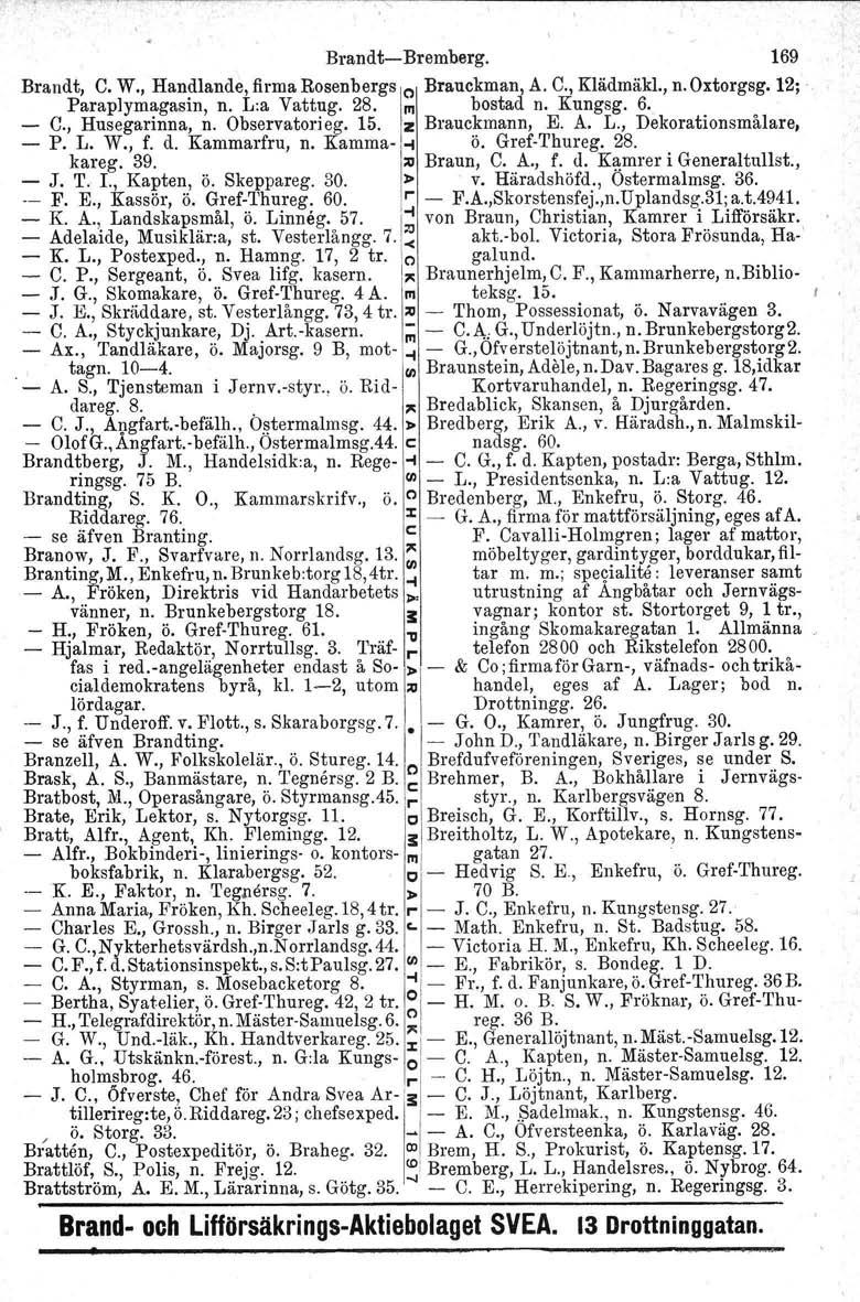 Brandt-Bremherg. 169 - Brandt, C. W., Handlande, firma Rosenbergs 10 Brauckman, A. C., Klädmäkl., n. Oxtorgsg. 12;' Paraplymagasin, n. L:a Vattug. 28. 111 bostad n. Kungsg. 6. - C., Husegarinna, n.