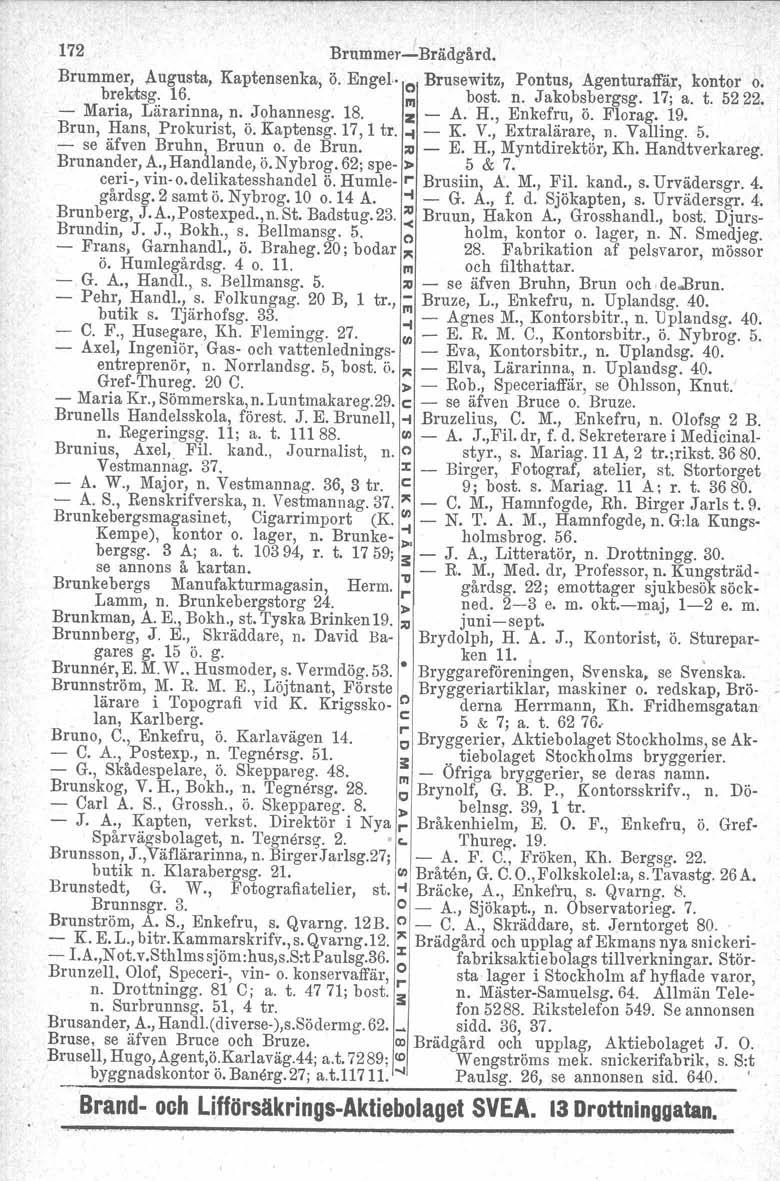 172 Bmmmer-s-Brådgård. Brummer, Augusta, Kaptensenka, ö. Engel- o Brusewitz, Pontus, Agenturaffär, kontor o. - brektsg. 16. Maria, Lärarinna, n. Johannesg. 18. III z-a. bost. n. Jakobsbergsg. 17; a.