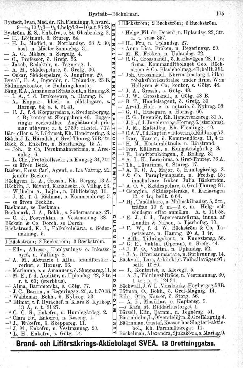 Bystedt-Böckelman. 175 Bystedt,Ivan,Med. dr.,kh.flemingg. 5jhvard. 1 Bäckström' 2 Beckström 3 Breekström.?-t/210,1123- t /2 4,helgd.9-: 10;~.t.8649. ~ l ' " ~ Byström, E. S., Enkefru, s. St.