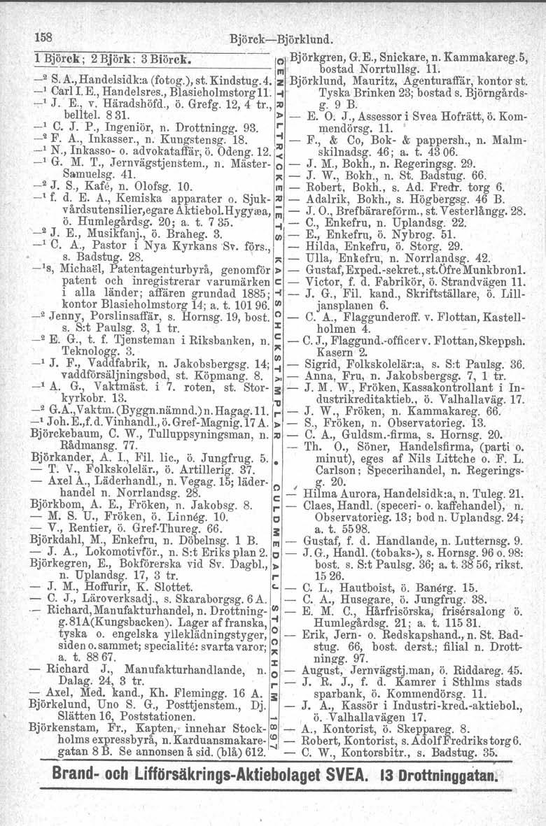 158 Björck-Björklund. 1 Björck; 2 Björk: 3 Biörck. 10 Björkgren, G.E., Snickare, n. Kammakareg.5, 111I bostad Norrtullag. 11. _2 S, A., Handelsidk:a (fotog.), st. Kindstug. 4.