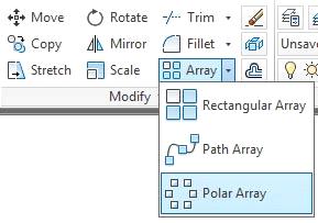 ARRAY: Cirkelformad multikopiering Om man vill ha flera kopior som cirklar runt en gemensam punkt kan man använda Polar Array. Börja med att märka ut en centerpunkt kopiorna ska bilda en cirkel runt.