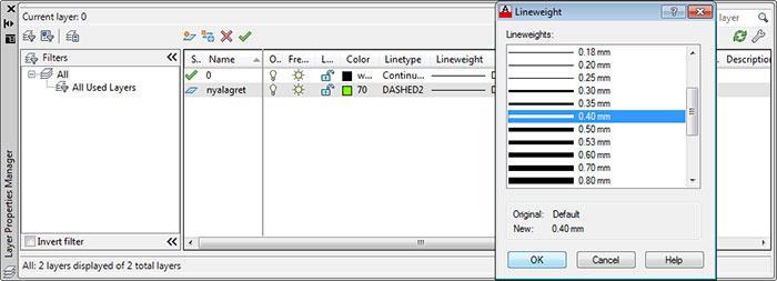 Om linjerna i lagret inte får någon ökad tjocklek fast du valt det här kan du behöva klicka på hjälpknappen LINEWEIGHT så den blir aktiv.