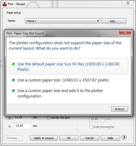 12. Du får en varning om att skrivaren inte kan spara bilder i vanliga pappersstorlekar. Klicka på det övre valet, Use the default papersize Sun Hi-Res (1600.00 x 1280.