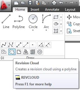 REVISION CLOUD: Molnformer Verktyget Revision Cloud används för att markera vilka bitar andra som också jobbar med ritningen behöver se över. Det är ju bra att kunna.