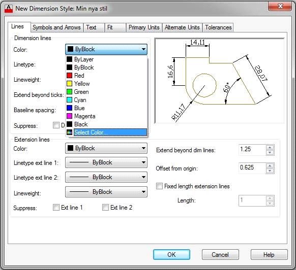 I fliken Lines: Klicka i rutan Color under rubriken Dimension Lines.