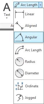 Vi ska använda dimensionslinjen som mäter bågars böjning. Klicka på pilen vid dimensionslinjeknappen och välj typen Angular.