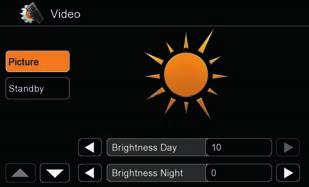 SYSTEMINSTÄLLNINGAR FÖR HUVUDENHET: VIDEO Animerad bild visualiserar din inställning vid inställning av ljusstyrka för TFTskärm.