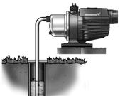 Installation med långa sugledningar: En back-ventil levereras med pumpen. Montera denna backventil i pumpens sugstuds.