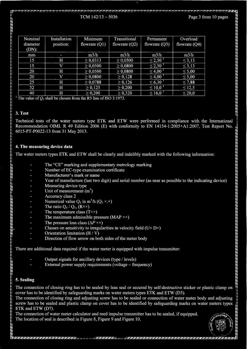 Test Technical tests of the water meters type ETK and ETW were perfortned in compliance with the International Recommendation OIML R 49 Edition 2006 (E) with conformity to EN 14154-1:2005+A1:2007,