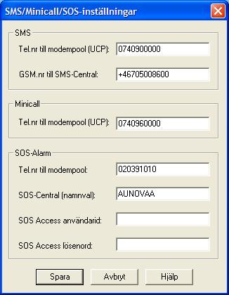 Användarmanual BAS2 styr Sidan 20 SMS Tel.nr till modempool (UCP): Telefonnummer till modempoolscentralen som hanterar SMS alarm om man använder ett vanligt analogt modem. GSM.